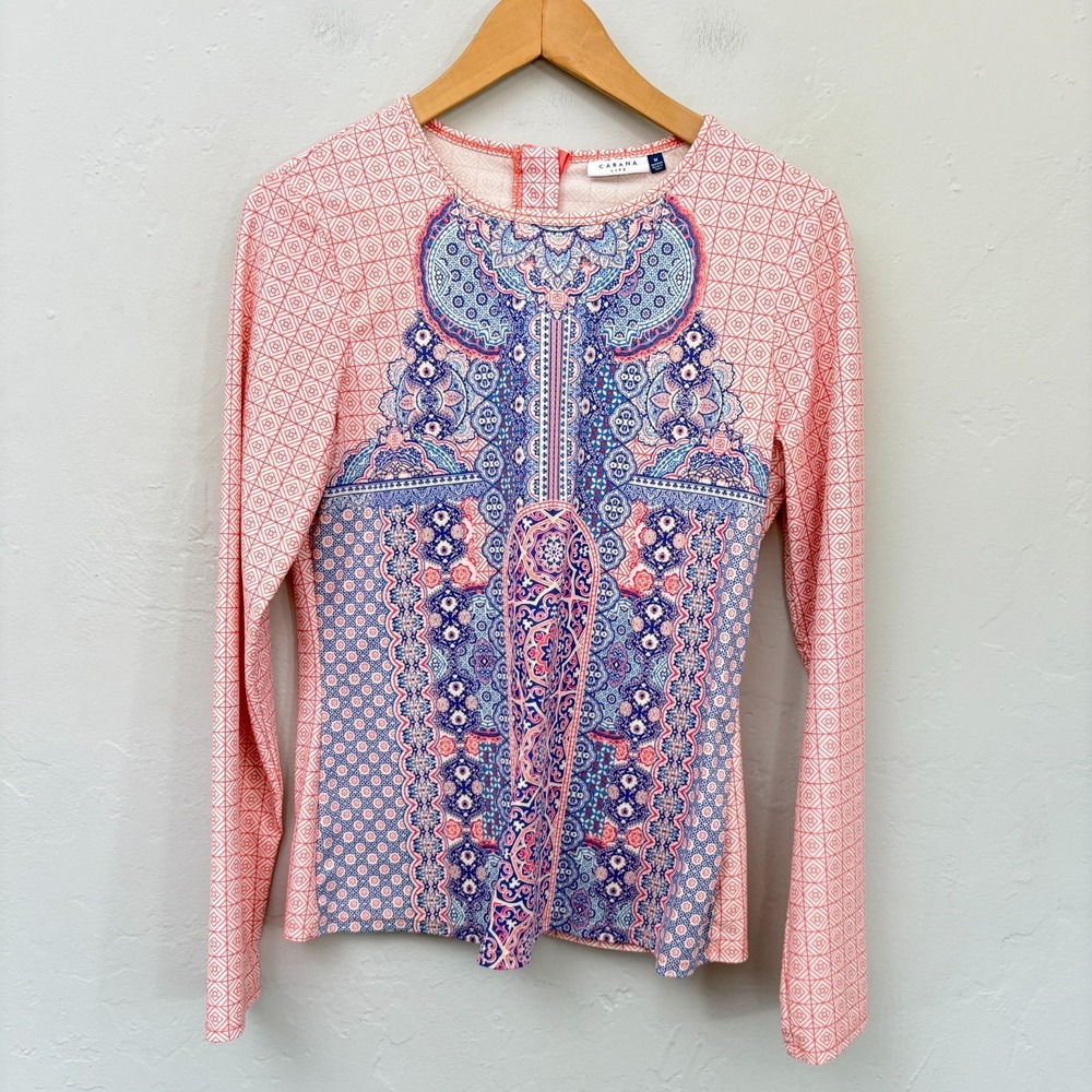 Cabana Life Rash Guard Swim Top Women Size Medium Peach Blue Long Sleeve